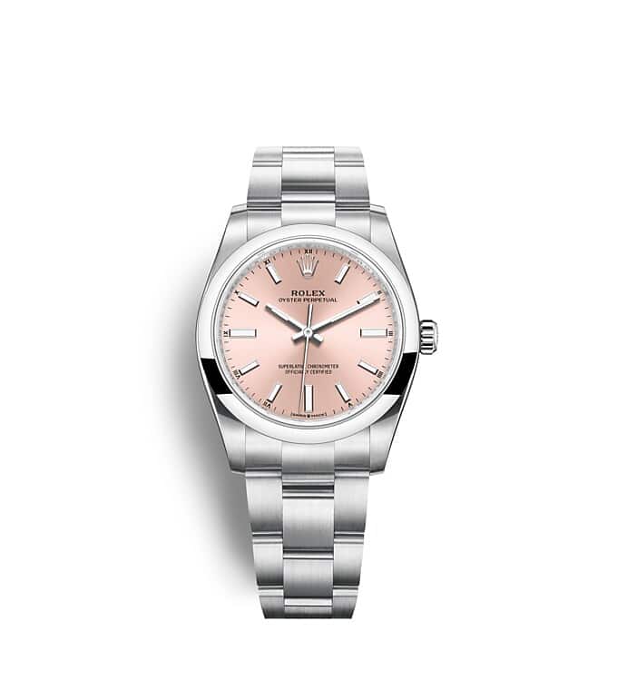 Rolex Oyster Perpetual | 124200 | Oyster Perpetual 34 | หน้าปัดสี | หน้าปัดสีชมพู | Oystersteel | สายนาฬิกา Oyster | m124200-0004 | หญิง Watch | Rolex Official Retailer - Siam Swiss