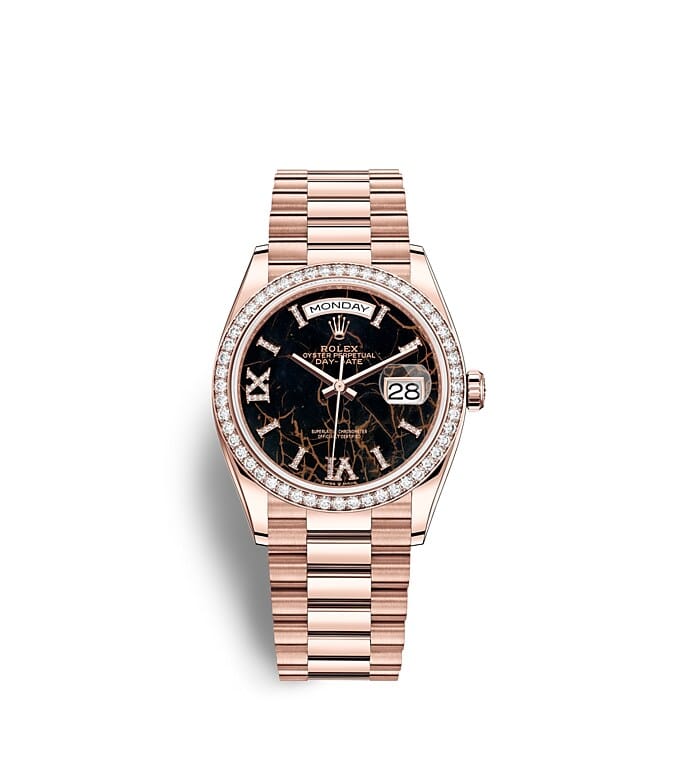 Rolex Day-Date | 128345RBR | Day-Date 36 | หน้าปัดประดับอัญมณี | หน้าปัด Eisenkiesel | ขอบหน้าปัดประดับเพชร | เอเวอร์โรสโกลด์ 18 กะรัต | m128345rbr-0044 | หญิง Watch | Rolex Official Retailer - Siam Swiss