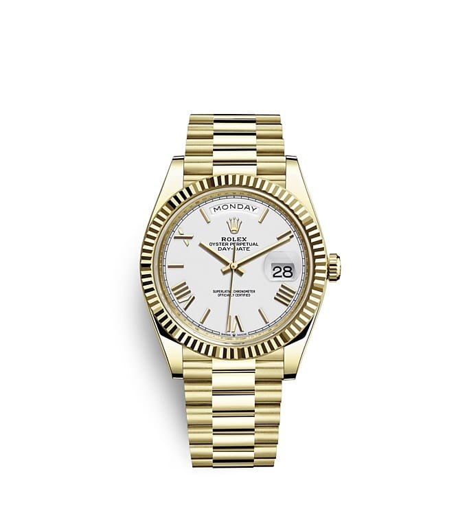 Rolex Day-Date | 228238 | Day-Date 40 | Light dial | The Fluted Bezel | White dial | 18 ct yellow gold | m228238-0042 | Men Watch | Rolex Official Retailer - Siam Swiss