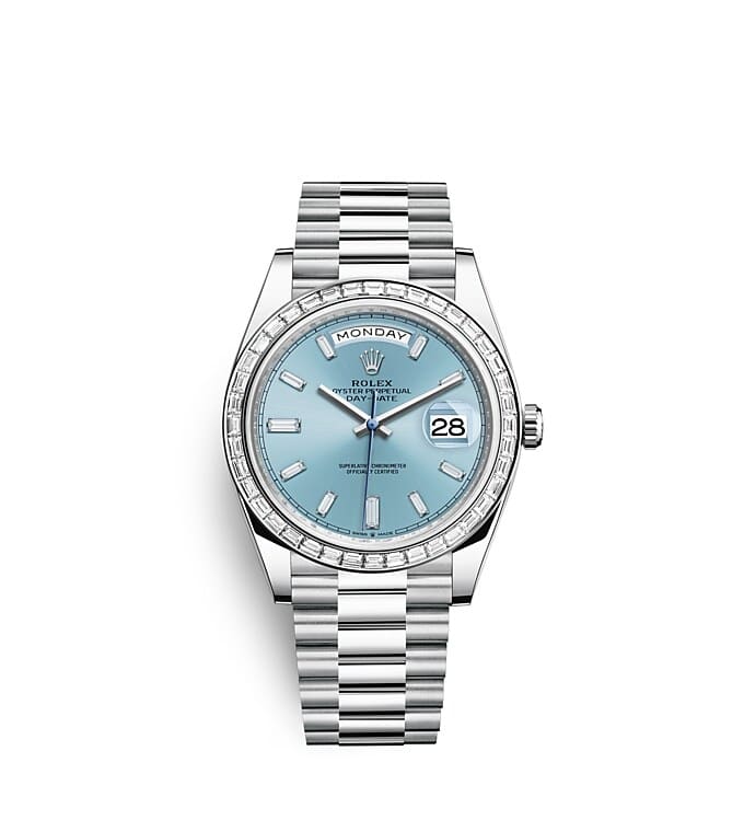 Rolex Day-Date | 228396TBR | Day-Date 40 | หน้าปัดประดับอัญมณี | หน้าปัดสีฟ้าไอซ์บลู | ขอบหน้าปัดประดับเพชร | แพลทินัม | m228396tbr-0002 | ชาย Watch | Rolex Official Retailer - Siam Swiss