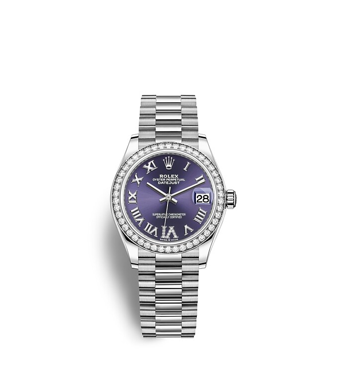 Rolex Datejust | 278289RBR | Datejust 31 | หน้าปัดประดับอัญมณี | หน้าปัดสีม่วงเข้ม | ขอบหน้าปัดประดับเพชร | ทองคำขาว 18 กะรัต | m278289rbr-0019 | หญิง Watch | Rolex Official Retailer - Siam Swiss