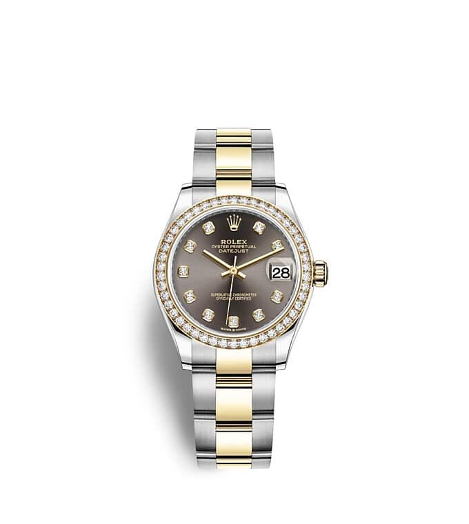 Rolex Datejust | 278383RBR | Datejust 31 | หน้าปัดประดับอัญมณี | หน้าปัดสีเทาเข้ม | ขอบหน้าปัดประดับเพชร | Yellow Rolesor | m278383rbr-0021 | หญิง Watch | Rolex Official Retailer - Siam Swiss