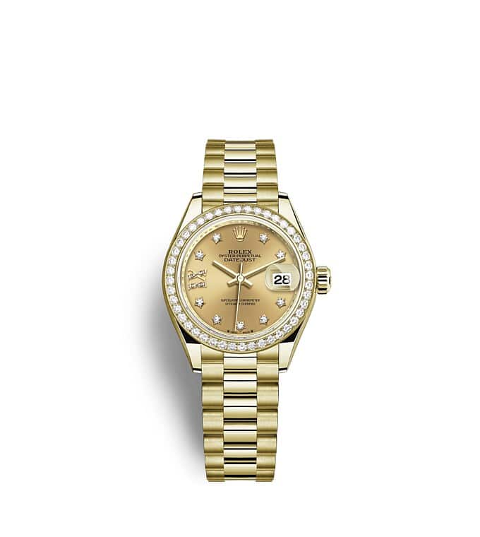 Rolex Lady-Datejust | 279138RBR | Lady-Datejust | Coloured dial | Champagne-colour dial | Diamond-Set Bezel | 18 ct yellow gold | m279138rbr-0006 | Women Watch | Rolex Official Retailer - Siam Swiss