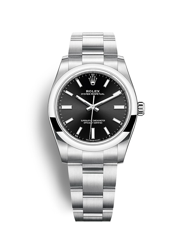 Rolex Oyster Perpetual | 124200 | Oyster Perpetual 34 | Dark dial | Bright black dial | Oystersteel | The Oyster bracelet | m124200-0002 | Women Watch | Rolex Official Retailer - Siam Swiss