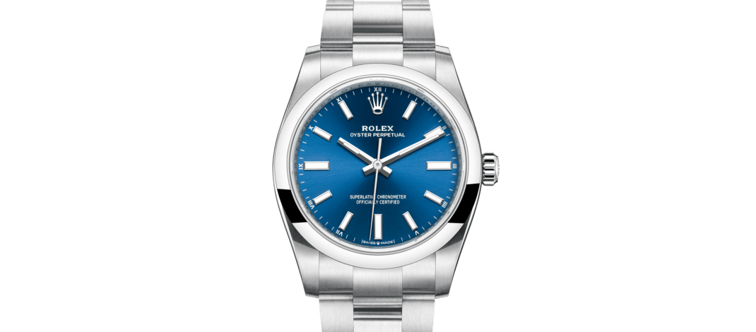 Rolex Oyster Perpetual | 124200 | Oyster Perpetual 34 | Coloured dial | Bright blue dial | Oystersteel | The Oyster bracelet | m124200-0003 | Women Watch | Rolex Official Retailer - Siam Swiss