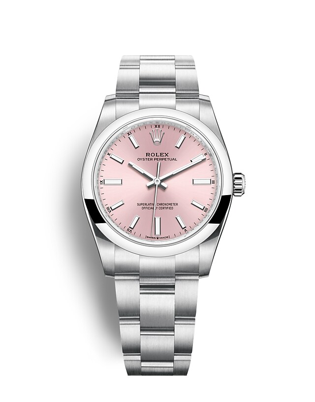 Rolex Oyster Perpetual | 124200 | Oyster Perpetual 34 | Coloured dial | Pink Dial | Oystersteel | The Oyster bracelet | m124200-0004 | Women Watch | Rolex Official Retailer - Siam Swiss