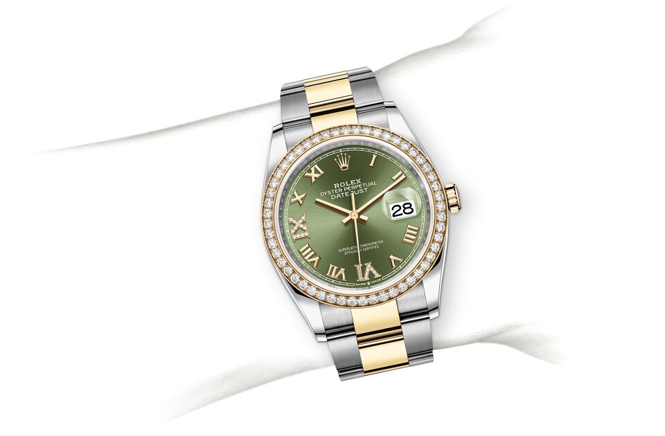 Rolex Datejust | 126283RBR | Datejust 36 | หน้าปัดประดับอัญมณี | หน้าปัดสีเขียวมะกอก | ขอบหน้าปัดประดับเพชร | Yellow Rolesor | m126283rbr-0012 | ชาย Watch | Rolex Official Retailer - Siam Swiss