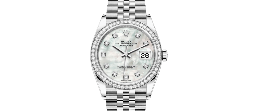 Rolex Datejust | 126284RBR | Datejust 36 | หน้าปัดประดับอัญมณี | หน้าปัดไข่มุก | ขอบหน้าปัดประดับเพชร | White Rolesor | m126284rbr-0011 | หญิง Watch | Rolex Official Retailer - Siam Swiss