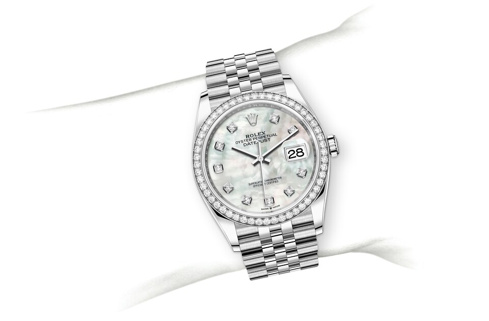 Rolex Datejust | 126284RBR | Datejust 36 | หน้าปัดประดับอัญมณี | หน้าปัดไข่มุก | ขอบหน้าปัดประดับเพชร | White Rolesor | m126284rbr-0011 | หญิง Watch | Rolex Official Retailer - Siam Swiss