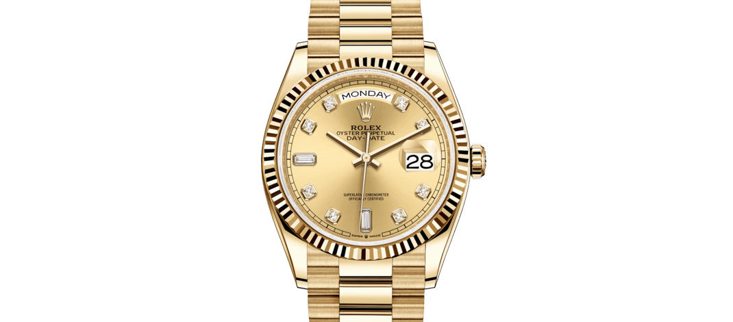 Rolex Day-Date | 128238 | Day-Date 36 | Coloured dial | Champagne-colour dial | The Fluted Bezel | 18 ct yellow gold | m128238-0008 | Men Watch | Rolex Official Retailer - Siam Swiss
