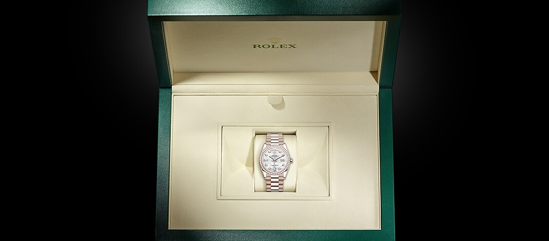 Rolex Day-Date | 128345RBR | Day-Date 36 | Gem-set dial | Mother-of-Pearl Dial | Diamond-Set Bezel | 18 ct Everose gold | m128345rbr-0028 | Women Watch | Rolex Official Retailer - Siam Swiss