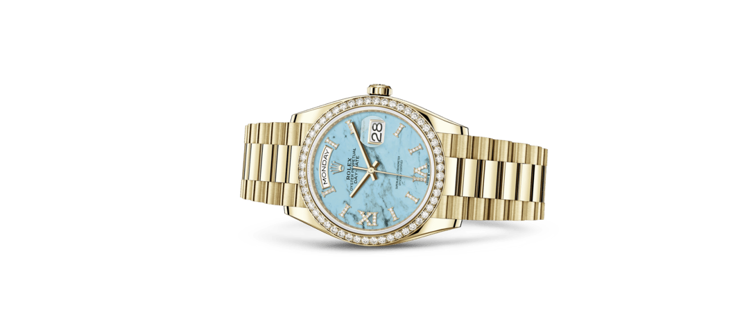 Rolex Day-Date | 128348RBR | Day-Date 36 | หน้าปัดประดับอัญมณี | หน้าปัดสีเทอร์ควอยซ์ | ขอบหน้าปัดประดับเพชร | ทองคำ 18 กะรัต | m128348rbr-0037 | หญิง Watch | Rolex Official Retailer - Siam Swiss