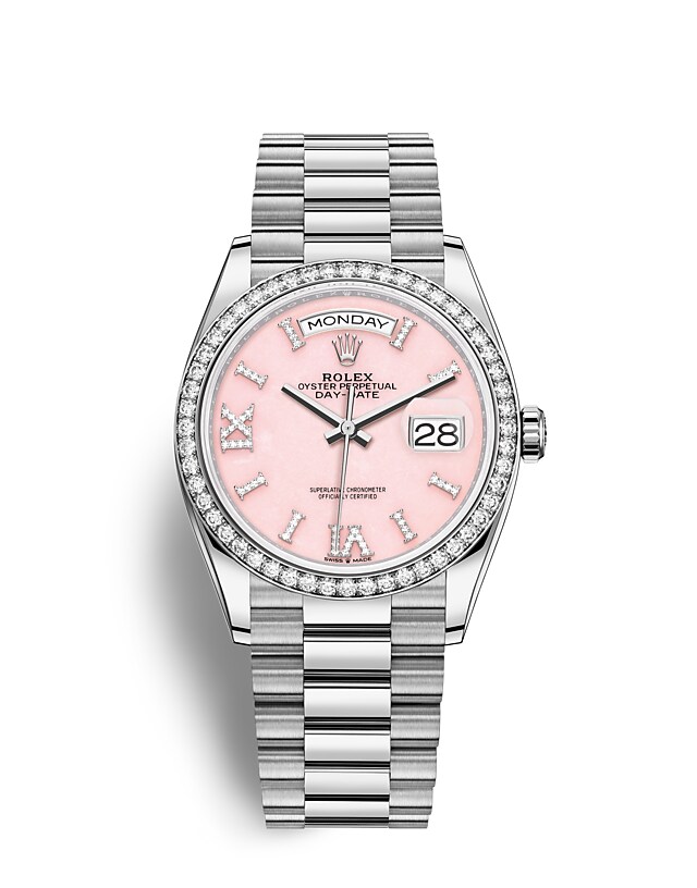 Rolex Day-Date | 128349RBR | Day-Date 36 | Coloured dial | Pink opal dial | Diamond-Set Bezel | 18 ct white gold | m128349rbr-0008 | Women Watch | Rolex Official Retailer - Siam Swiss