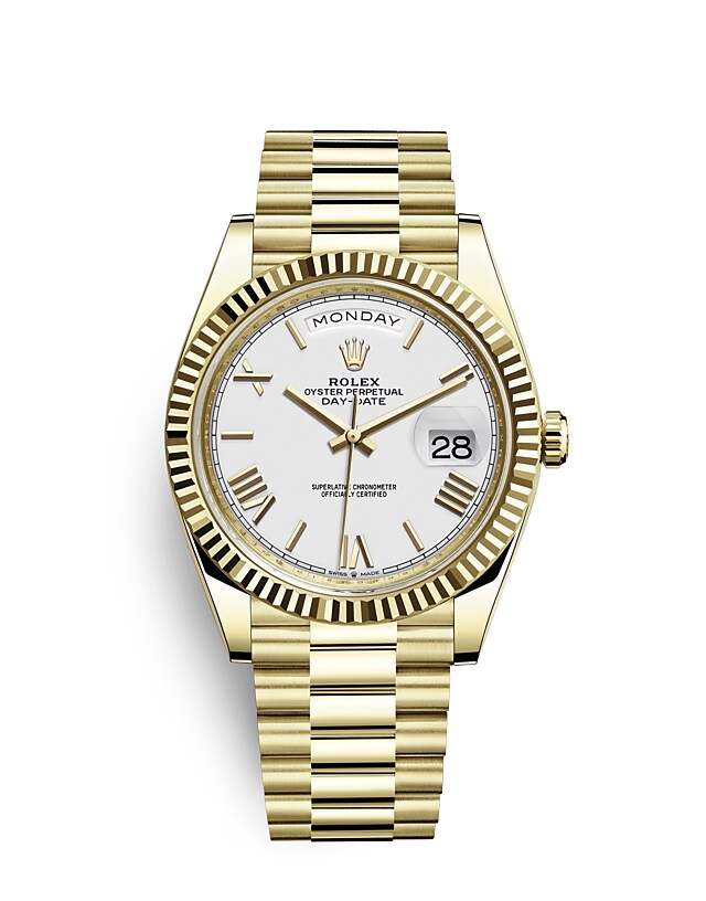 Rolex Day-Date | 228238 | Day-Date 40 | หน้าปัดสีอ่อน | ขอบหน้าปัดแบบเซาะร่อง | หน้าปัดสีขาว | ทองคำ 18 กะรัต | m228238-0042 | ชาย Watch | Rolex Official Retailer - Siam Swiss