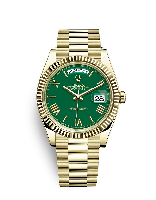 Rolex Day-Date | 228238 | Day-Date 40 | Coloured dial | Green Dial | The Fluted Bezel | 18 ct yellow gold | m228238-0061 | Men Watch | Rolex Official Retailer - Siam Swiss
