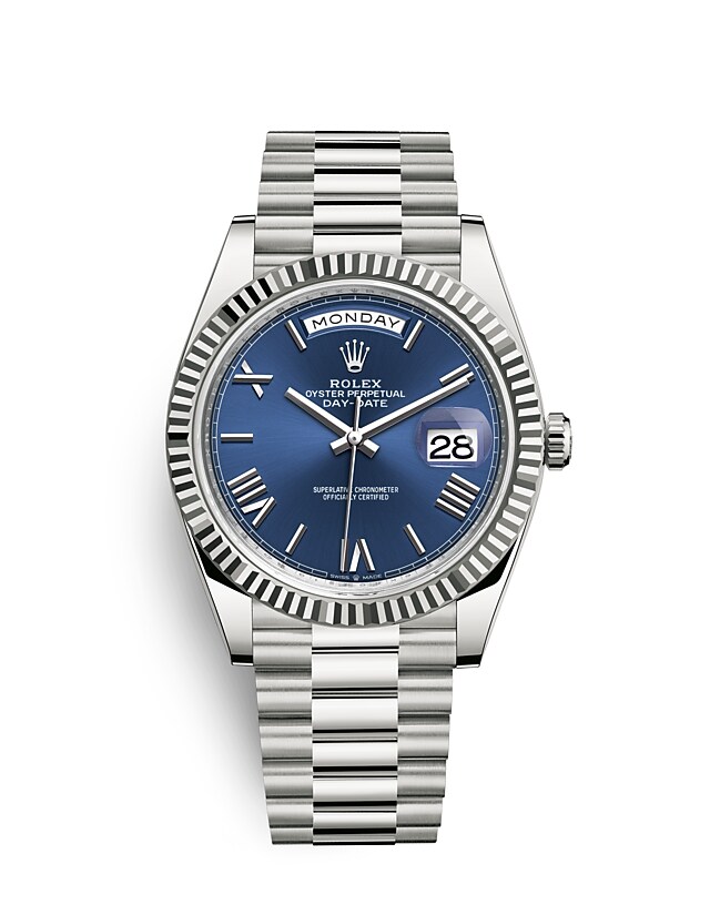 Rolex Day-Date | 228239 | Day-Date 40 | หน้าปัดสี | หน้าปัดสีน้ำเงินสว่าง | ขอบหน้าปัดแบบเซาะร่อง | ทองคำขาว 18 กะรัต | m228239-0007 | ชาย Watch | Rolex Official Retailer - Siam Swiss