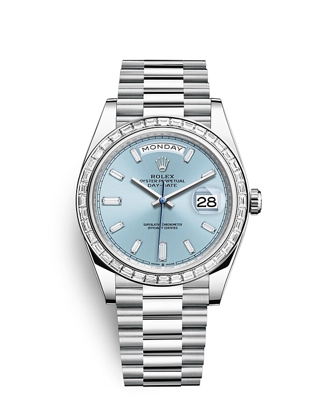 Rolex Day-Date | 228396TBR | Day-Date 40 | Coloured dial | Ice-Blue Dial | Diamond-Set Bezel | Platinum | m228396tbr-0002 | Men Watch | Rolex Official Retailer - Siam Swiss