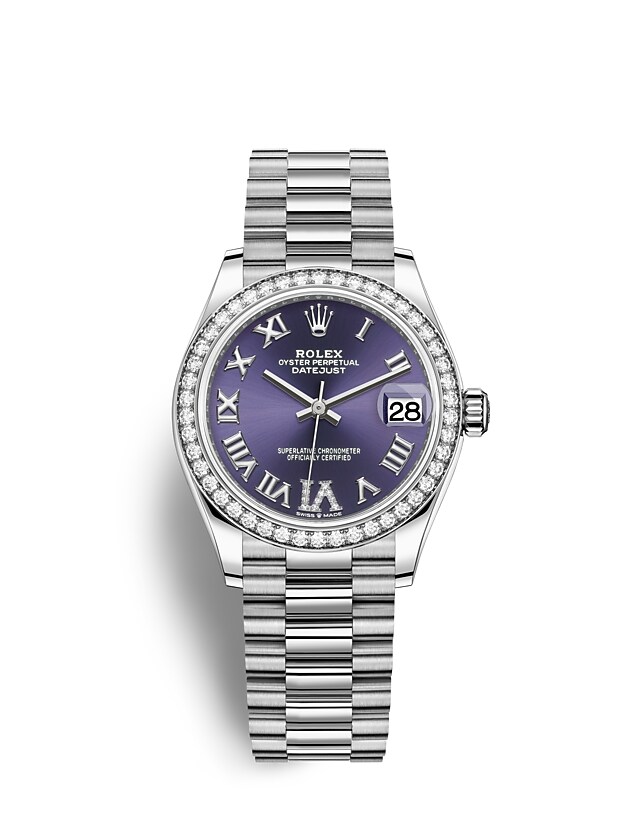 Rolex Datejust | 278289RBR | Datejust 31 | หน้าปัดประดับอัญมณี | หน้าปัดสีม่วงเข้ม | ขอบหน้าปัดประดับเพชร | ทองคำขาว 18 กะรัต | m278289rbr-0019 | หญิง Watch | Rolex Official Retailer - Siam Swiss
