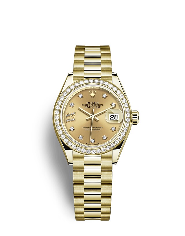 Rolex Lady-Datejust | 279138RBR | Lady-Datejust | Coloured dial | Champagne-colour dial | Diamond-Set Bezel | 18 ct yellow gold | m279138rbr-0006 | Women Watch | Rolex Official Retailer - Siam Swiss
