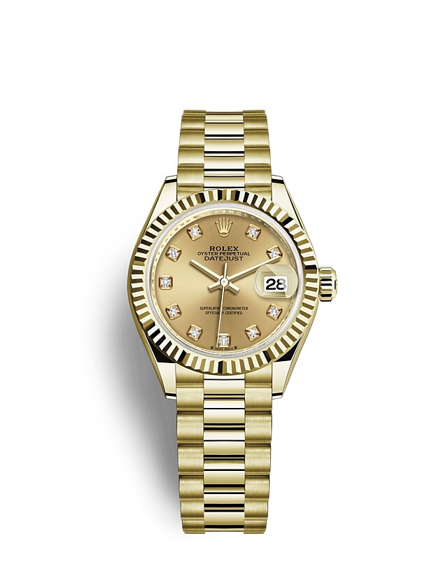 Rolex Lady-Datejust | 279178 | Lady-Datejust | หน้าปัดประดับอัญมณี | หน้าปัดสีแชมเปญ | ขอบหน้าปัดแบบเซาะร่อง | ทองคำ 18 กะรัต | m279178-0017 | หญิง Watch | Rolex Official Retailer - Siam Swiss