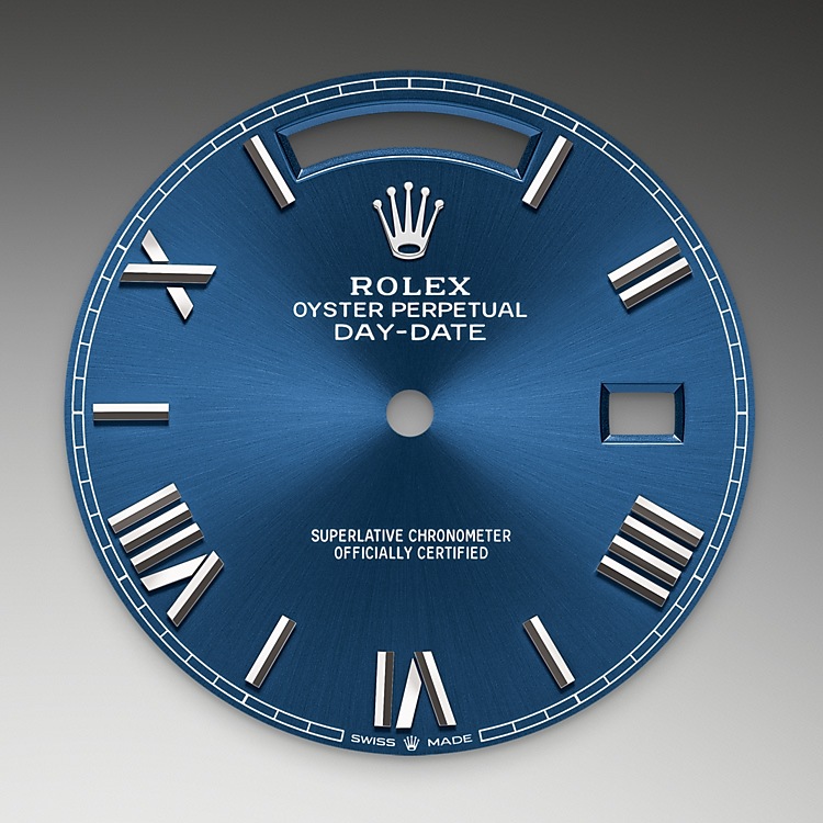 Rolex Day-Date | 228239 | Day-Date 40 | หน้าปัดสี | ขอบหน้าปัดแบบร่อง | หน้าปัดสีฟ้าสว่าง | ทองคำขาว 18 กะรัต | M228239-0007 | ชาย Watch | Rolex Official Retailer - Siam Swiss