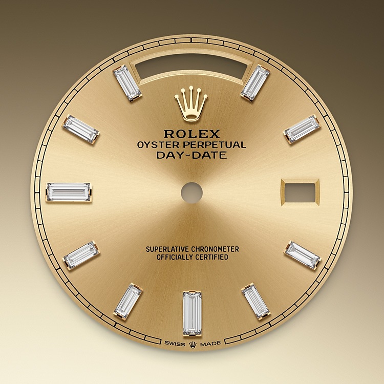 Rolex Day-Date | 228348RBR | Day-Date 40 | หน้าปัดประดับอัญมณี | หน้าปัดสีแชมเปญ | ขอบหน้าปัดประดับเพชร | ทองคำ 18 กะรัต | M228348RBR-0002 | ชาย Watch | Rolex Official Retailer - Siam Swiss