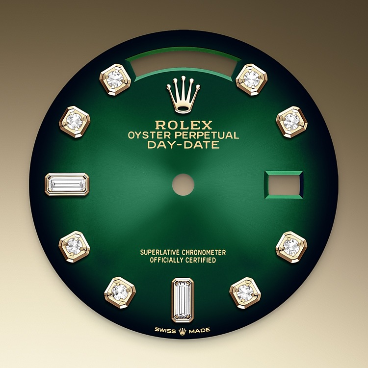 Rolex Day-Date | 128238 | Day-Date 36 | หน้าปัดประดับอัญมณี | หน้าปัดสีเขียวออมเบร | ขอบหน้าปัดแบบร่อง | ทองคำ 18 กะรัต | M128238-0069 | ชาย Watch | Rolex Official Retailer - Siam Swiss