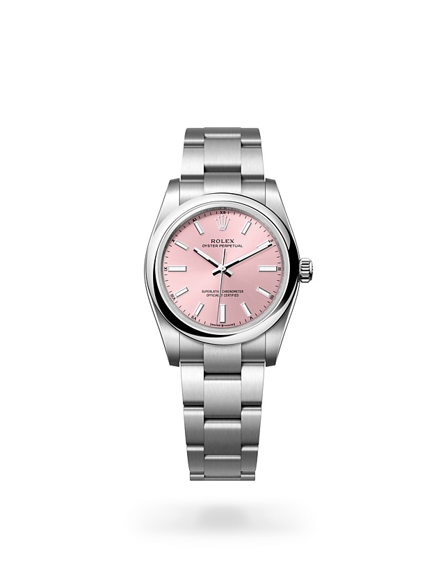 Rolex Oyster Perpetual | 124200 | Oyster Perpetual 34 | Coloured dial | Pink Dial | Oystersteel | The Oyster bracelet | M124200-0004 | Women Watch | Rolex Official Retailer - Siam Swiss