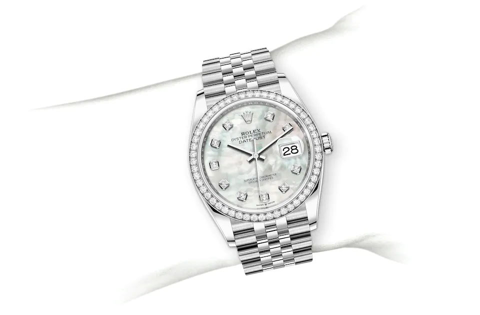 Rolex Datejust | 126284RBR | Datejust 36 | หน้าปัดประดับอัญมณี | หน้าปัดเปลือกหอยมุก | ขอบหน้าปัดประดับเพชร | White Rolesor | M126284RBR-0011 | หญิง Watch | Rolex Official Retailer - Siam Swiss