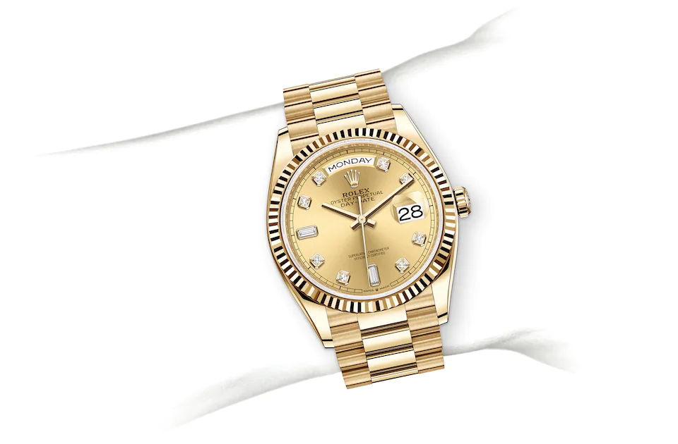 Rolex Day-Date | 128238 | Day-Date 36 | Coloured dial | Champagne-colour dial | Fluted bezel | 18 ct yellow gold | M128238-0008 | Men Watch | Rolex Official Retailer - Siam Swiss