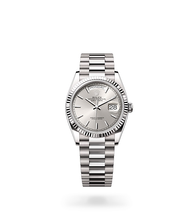 Rolex Day-Date | 128239 | Day-Date 36 | Light dial | Fluted bezel | Silver dial | 18 ct white gold | M128239-0005 | Men Watch | Rolex Official Retailer - Siam Swiss