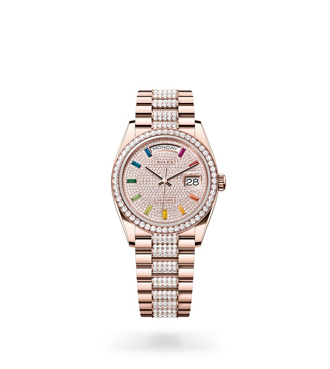 Rolex Day-Date | 128345RBR | Day-Date 36 | หน้าปัดประดับอัญมณี | หน้าปัดประดับเพชร | ขอบหน้าปัดประดับเพชร | Everose gold 18 กะรัต | M128345RBR-0043 | หญิง Watch | Rolex Official Retailer - Siam Swiss