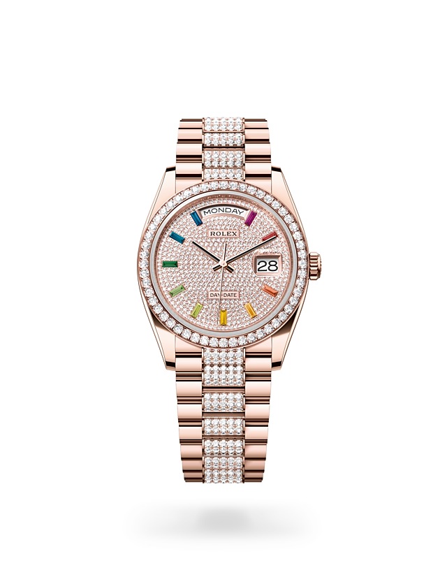 Rolex Day-Date | 128345RBR | Day-Date 36 | Diamond paved dial | Diamond-Paved Dial | Diamond-set bezel | 18 ct Everose gold | M128345RBR-0043 | Women Watch | Rolex Official Retailer - Siam Swiss