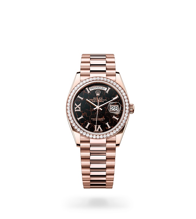 Rolex Day-Date | 128345RBR | Day-Date 36 | หน้าปัดประดับอัญมณี | หน้าปัด Eisenkiesel | ขอบหน้าปัดประดับเพชร | Everose gold 18 กะรัต | M128345RBR-0044 | หญิง Watch | Rolex Official Retailer - Siam Swiss