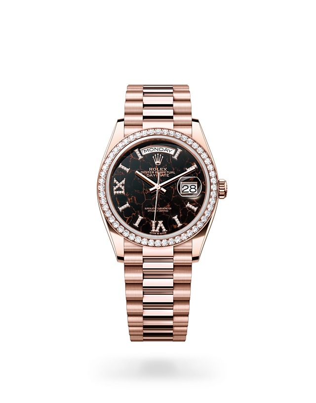 Rolex Day-Date | 128345RBR | Day-Date 36 | หน้าปัดประดับอัญมณี | หน้าปัด Eisenkiesel | ขอบหน้าปัดประดับเพชร | Everose gold 18 กะรัต | M128345RBR-0044 | หญิง Watch | Rolex Official Retailer - Siam Swiss