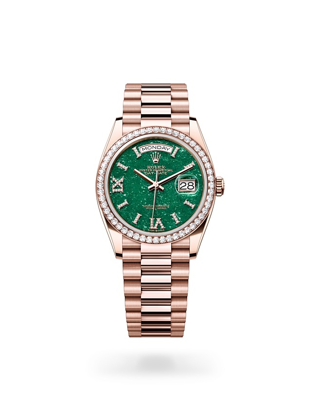Rolex Day-Date | 128345RBR | Day-Date 36 | หน้าปัดประดับอัญมณี | หน้าปัดอเวนจูรีนสีเขียว | ขอบหน้าปัดประดับเพชร | Everose gold 18 กะรัต | M128345RBR-0068 | หญิง Watch | Rolex Official Retailer - Siam Swiss