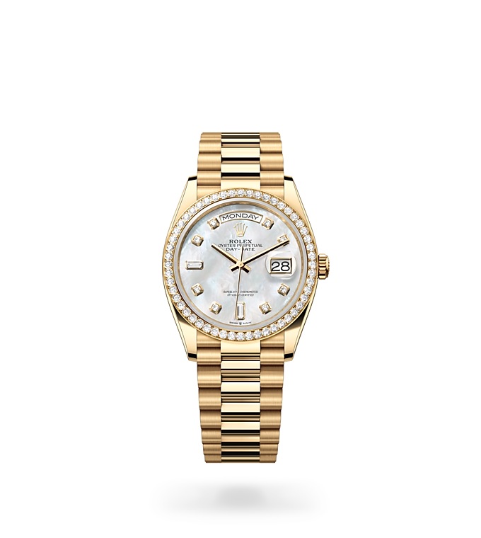 Rolex Day-Date | 128348RBR | Day-Date 36 | Gem-set dial | Mother-of-Pearl Dial | Diamond-set bezel | 18 ct yellow gold | M128348RBR-0017 | Women Watch | Rolex Official Retailer - Siam Swiss