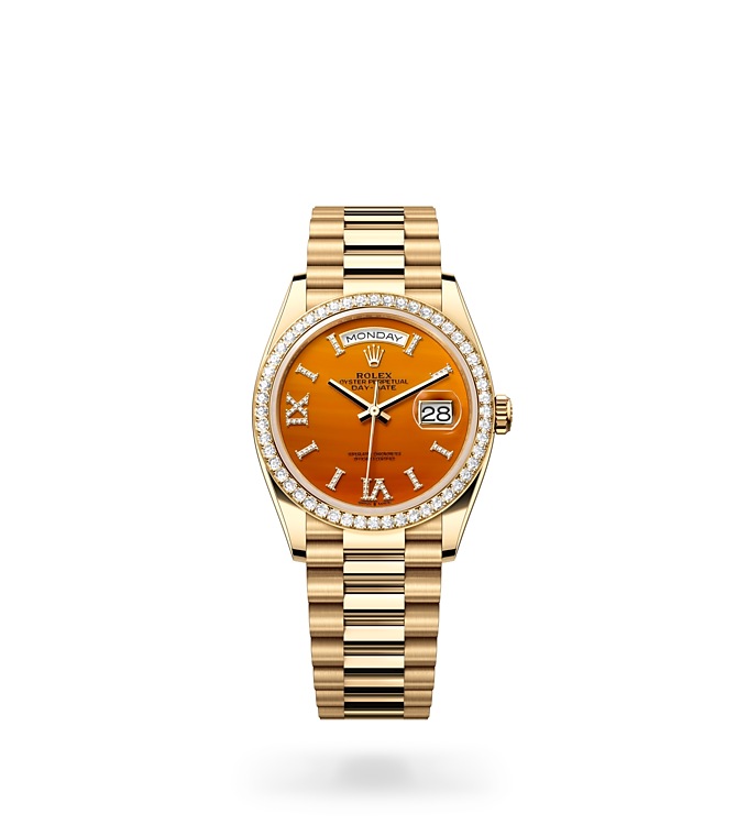 Rolex Day-Date | 128348RBR | Day-Date 36 | หน้าปัดประดับอัญมณี | หน้าปัดคาร์เนเลี่ยน | ขอบหน้าปัดประดับเพชร | ทองคำ 18 กะรัต | M128348RBR-0049 | หญิง Watch | Rolex Official Retailer - Siam Swiss