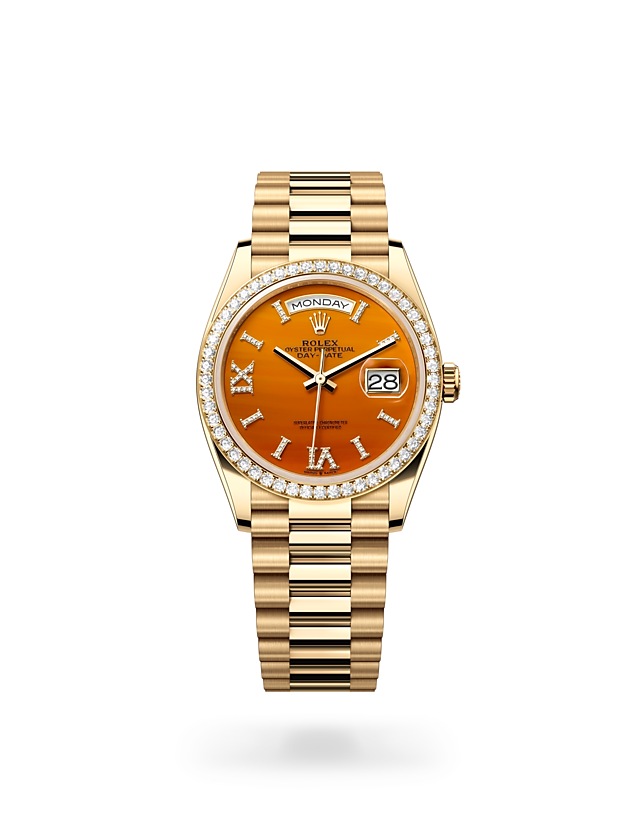 Rolex Day-Date | 128348RBR | Day-Date 36 | หน้าปัดประดับอัญมณี | หน้าปัดคาร์เนเลี่ยน | ขอบหน้าปัดประดับเพชร | ทองคำ 18 กะรัต | M128348RBR-0049 | หญิง Watch | Rolex Official Retailer - Siam Swiss