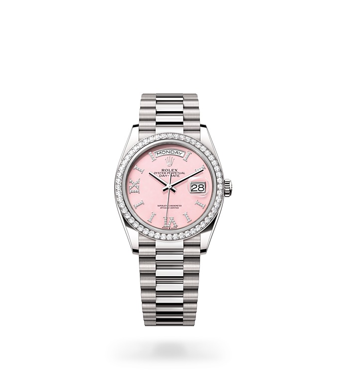 Rolex Day-Date | 128349RBR | Day-Date 36 | Coloured dial | Pink opal dial | Diamond-set bezel | 18 ct white gold | M128349RBR-0008 | Women Watch | Rolex Official Retailer - Siam Swiss