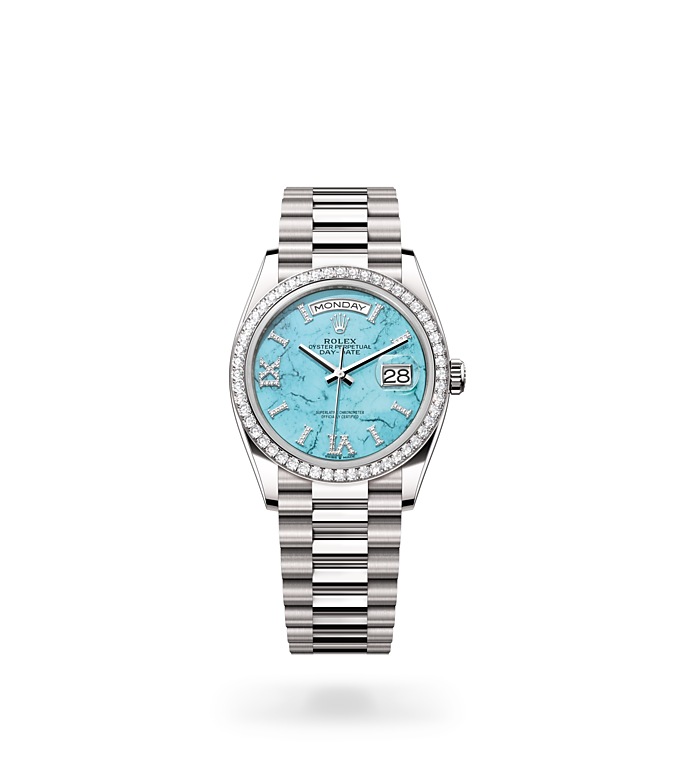 Rolex Day-Date | 128349RBR | Day-Date 36 | Coloured dial | Turquoise Dial | Diamond-set bezel | 18 ct white gold | M128349RBR-0031 | Women Watch | Rolex Official Retailer - Siam Swiss