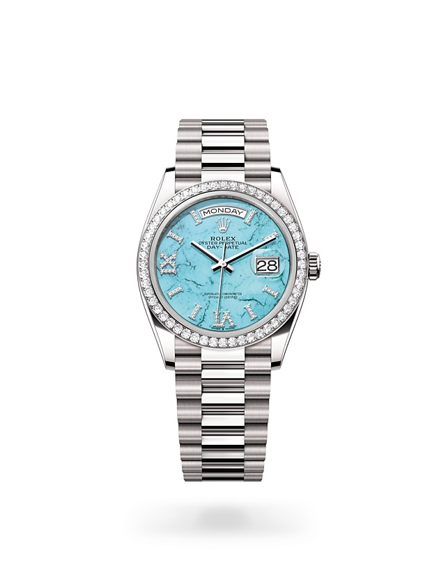 Rolex Day-Date | 128349RBR | Day-Date 36 | Coloured dial | Turquoise Dial | Diamond-set bezel | 18 ct white gold | M128349RBR-0031 | Women Watch | Rolex Official Retailer - Siam Swiss