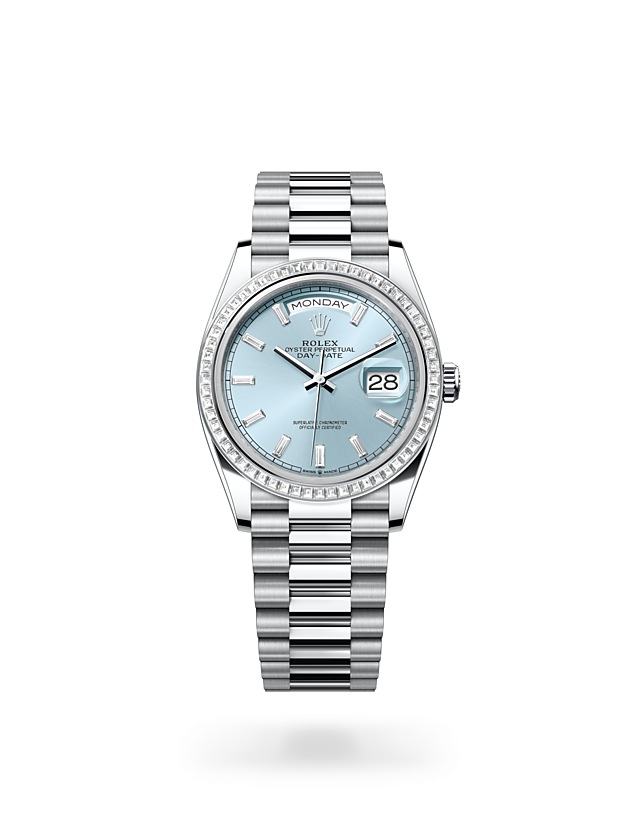 Rolex Day-Date | 128396TBR | Day-Date 36 | หน้าปัดประดับอัญมณี | หน้าปัดสีฟ้าไอซ์บลู | ขอบหน้าปัดประดับเพชร | แพลทินัม | M128396TBR-0003 | หญิง Watch | Rolex Official Retailer - Siam Swiss