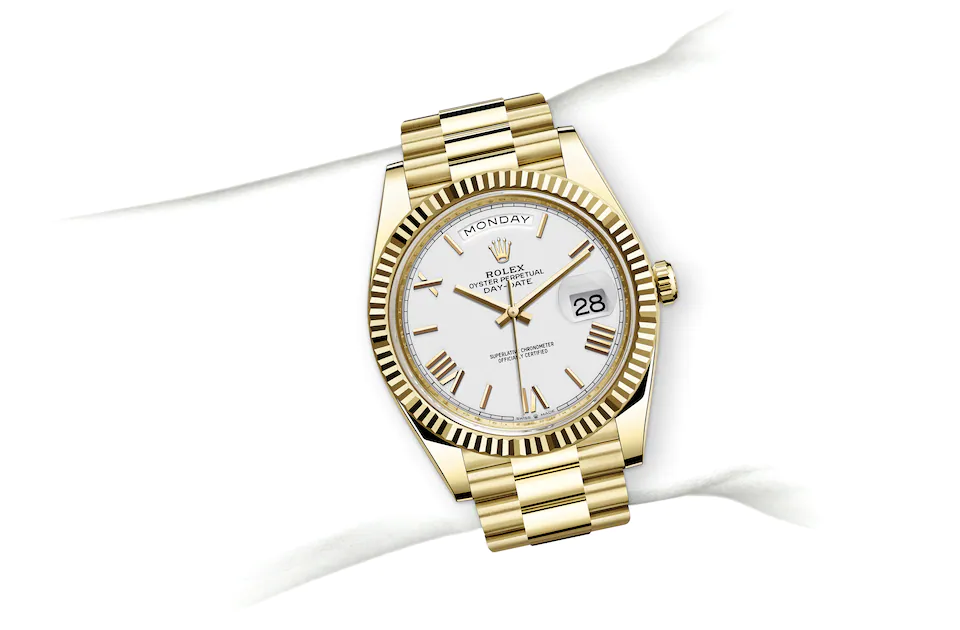 Rolex Day-Date | 228238 | Day-Date 40 | Light dial | Fluted bezel | White dial | 18 ct yellow gold | M228238-0042 | Men Watch | Rolex Official Retailer - Siam Swiss