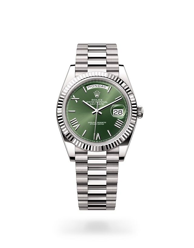 Rolex Day-Date | 228239 | Day-Date 40 | Coloured dial | Fluted bezel | Olive-Green Dial | 18 ct white gold | M228239-0033 | Men Watch | Rolex Official Retailer - Siam Swiss