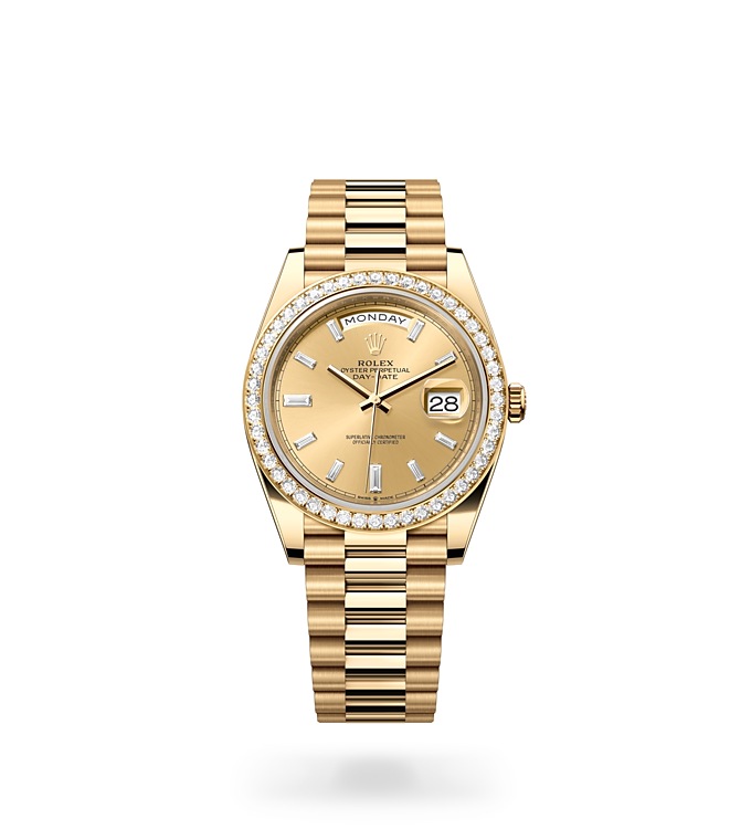 Rolex Day-Date | 228348RBR | Day-Date 40 | Coloured dial | Champagne-colour dial | Diamond-set bezel | 18 ct yellow gold | M228348RBR-0002 | Men Watch | Rolex Official Retailer - Siam Swiss