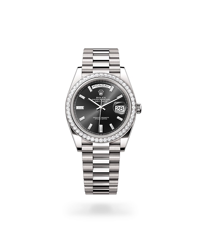 Rolex Day-Date | 228349RBR | Day-Date 40 | หน้าปัดประดับอัญมณี | หน้าปัดสีดำสว่าง | ขอบหน้าปัดประดับเพชร | ทองคำขาว 18 กะรัต | M228349RBR-0003 | ชาย Watch | Rolex Official Retailer - Siam Swiss