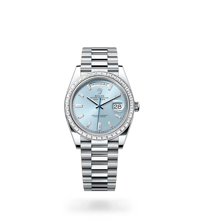 Rolex Day-Date | 228396TBR | Day-Date 40 | หน้าปัดประดับอัญมณี | หน้าปัดสีฟ้าไอซ์บลู | ขอบหน้าปัดประดับเพชร | แพลทินัม | M228396TBR-0002 | ชาย Watch | Rolex Official Retailer - Siam Swiss