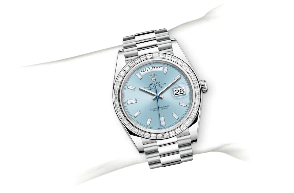 Rolex Day-Date | 228396TBR | Day-Date 40 | Coloured dial | Ice-Blue Dial | Diamond-set bezel | Platinum | M228396TBR-0002 | Men Watch | Rolex Official Retailer - Siam Swiss