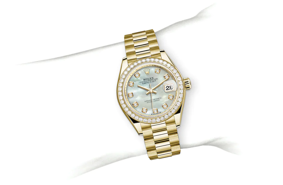 Rolex Lady-Datejust | 279138RBR | Lady-Datejust | Gem-set dial | Mother-of-Pearl Dial | Diamond-set bezel | 18 ct yellow gold | M279138RBR-0015 | Women Watch | Rolex Official Retailer - Siam Swiss